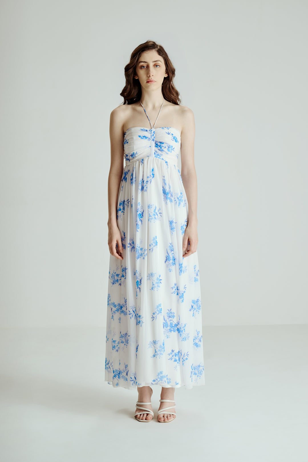 BLUE FLORAL PRINT MAXI DRESS WITH TIE STRAP