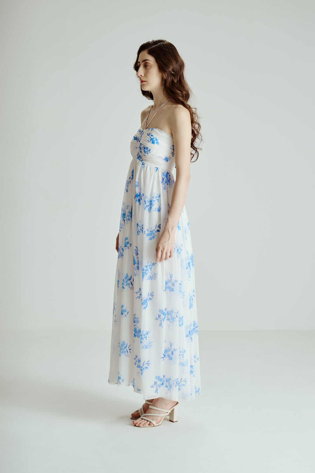 BLUE FLORAL PRINT MAXI DRESS WITH TIE STRAP