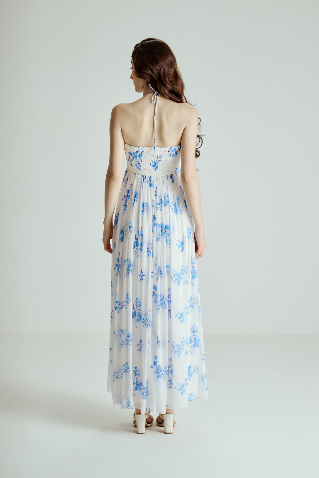 BLUE FLORAL PRINT MAXI DRESS WITH TIE STRAP