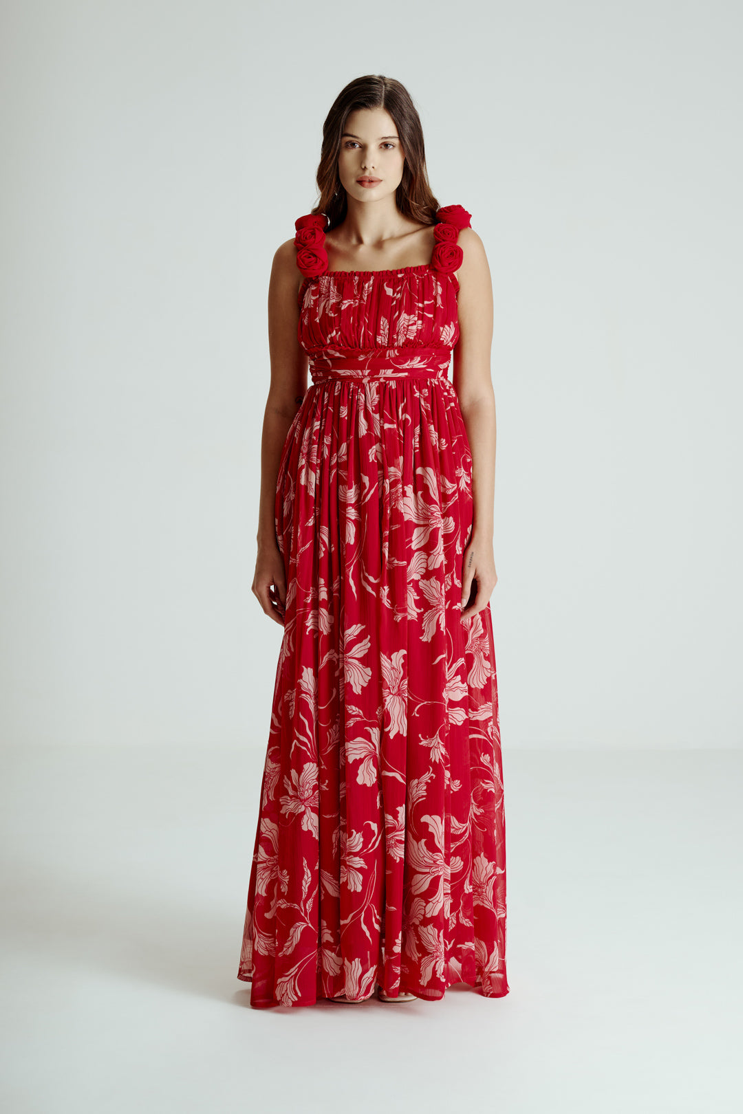 PINK FLORAL DRAPE SLIT GOWN