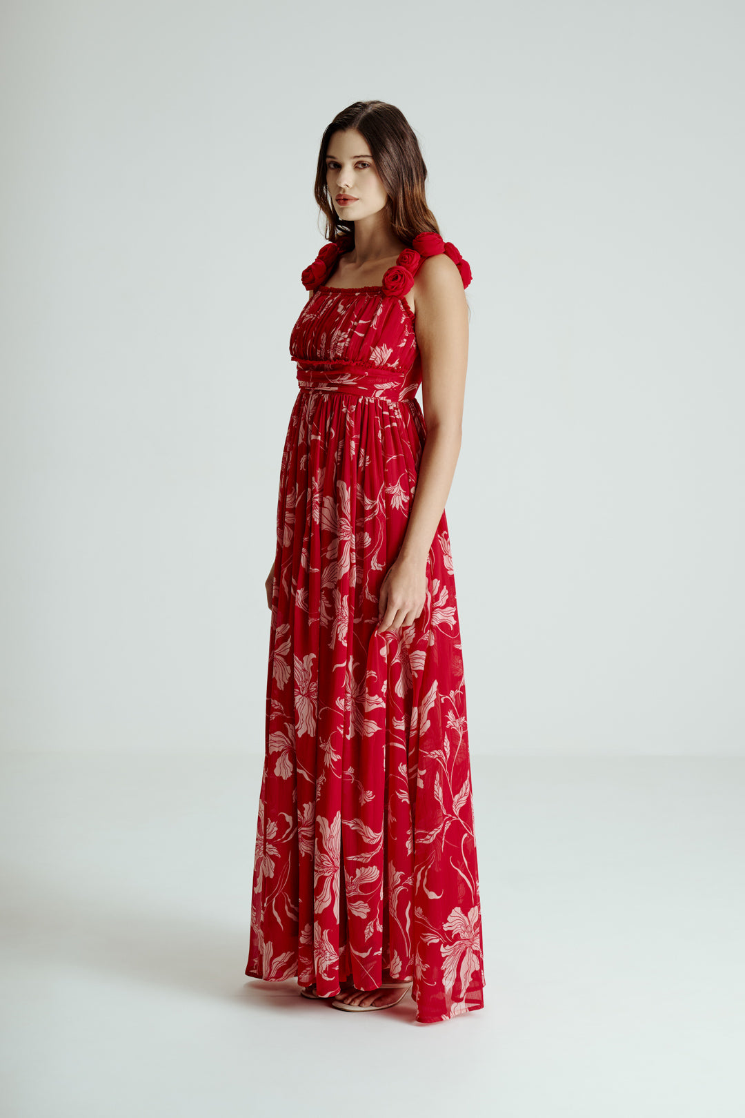 PINK FLORAL DRAPE SLIT GOWN