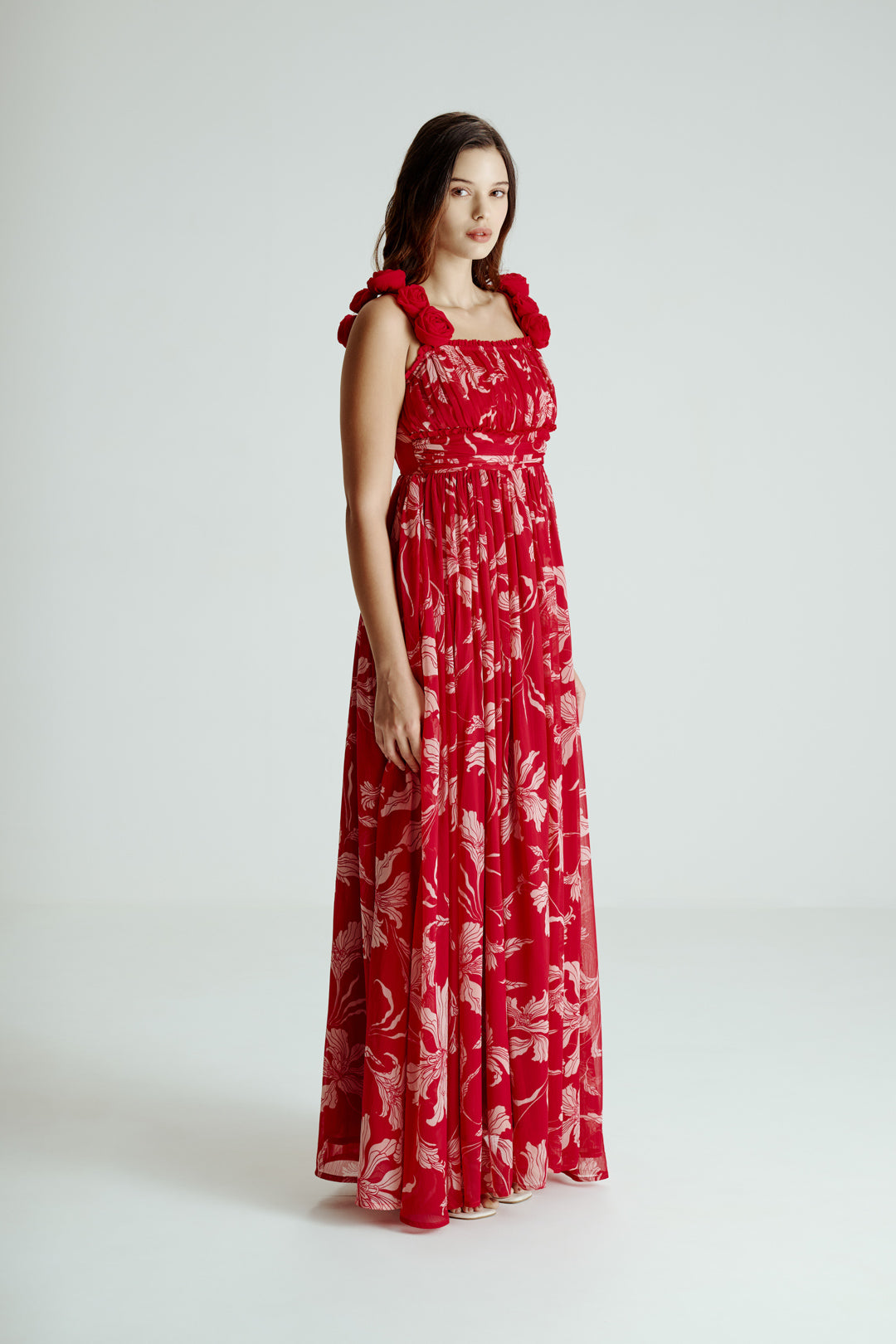 PINK FLORAL DRAPE SLIT GOWN