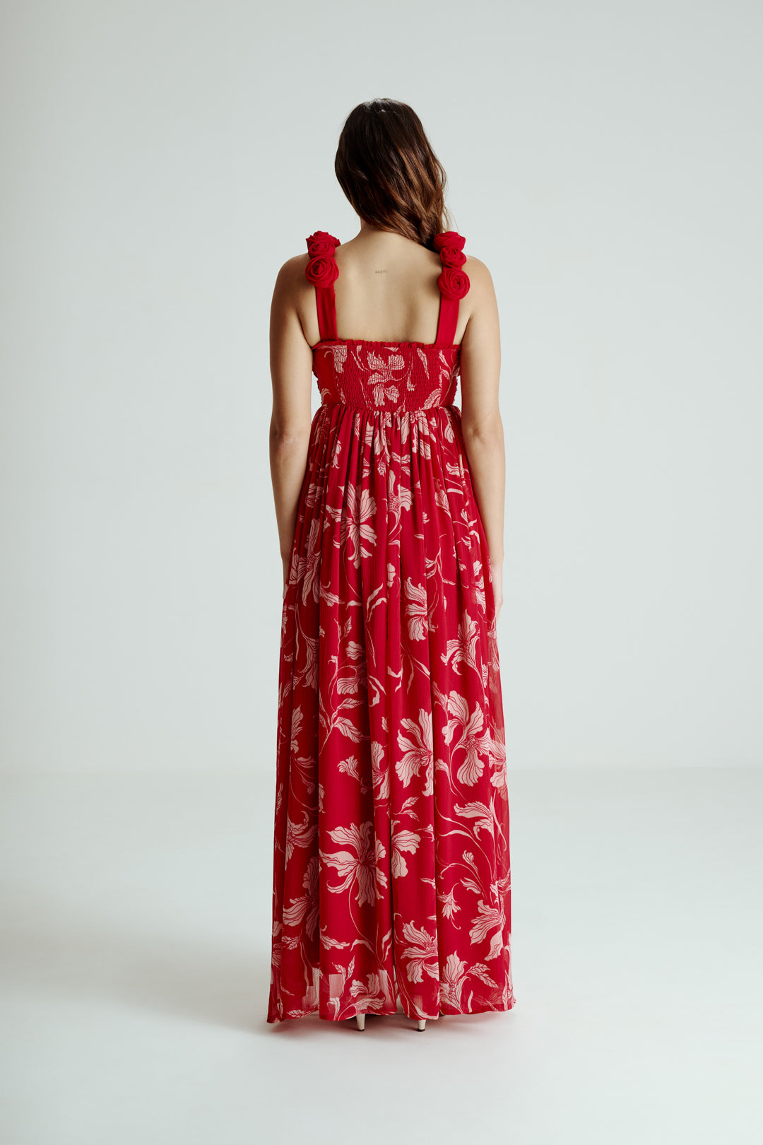 PINK FLORAL DRAPE SLIT GOWN