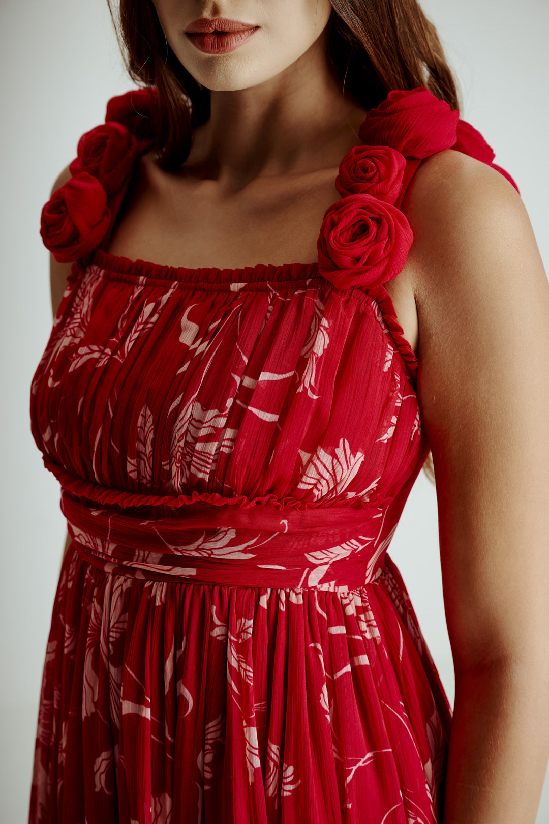 PINK FLORAL DRAPE SLIT GOWN