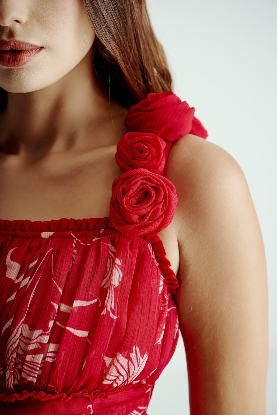 PINK FLORAL DRAPE SLIT GOWN