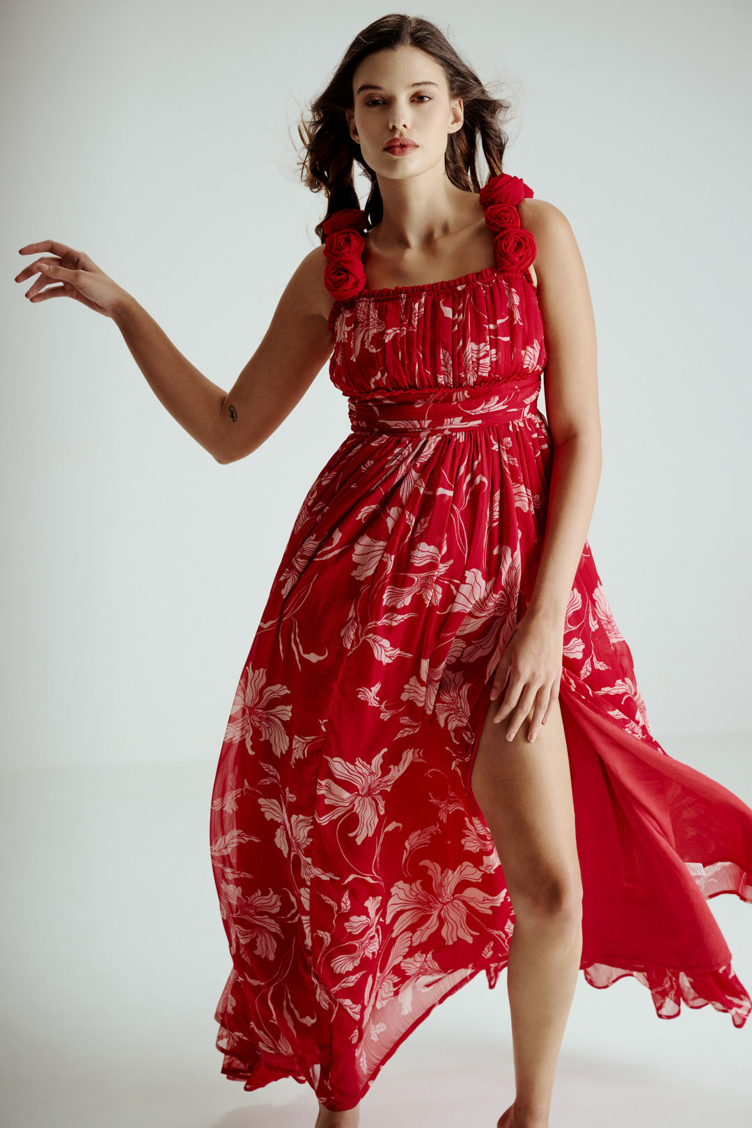 PINK FLORAL DRAPE SLIT GOWN