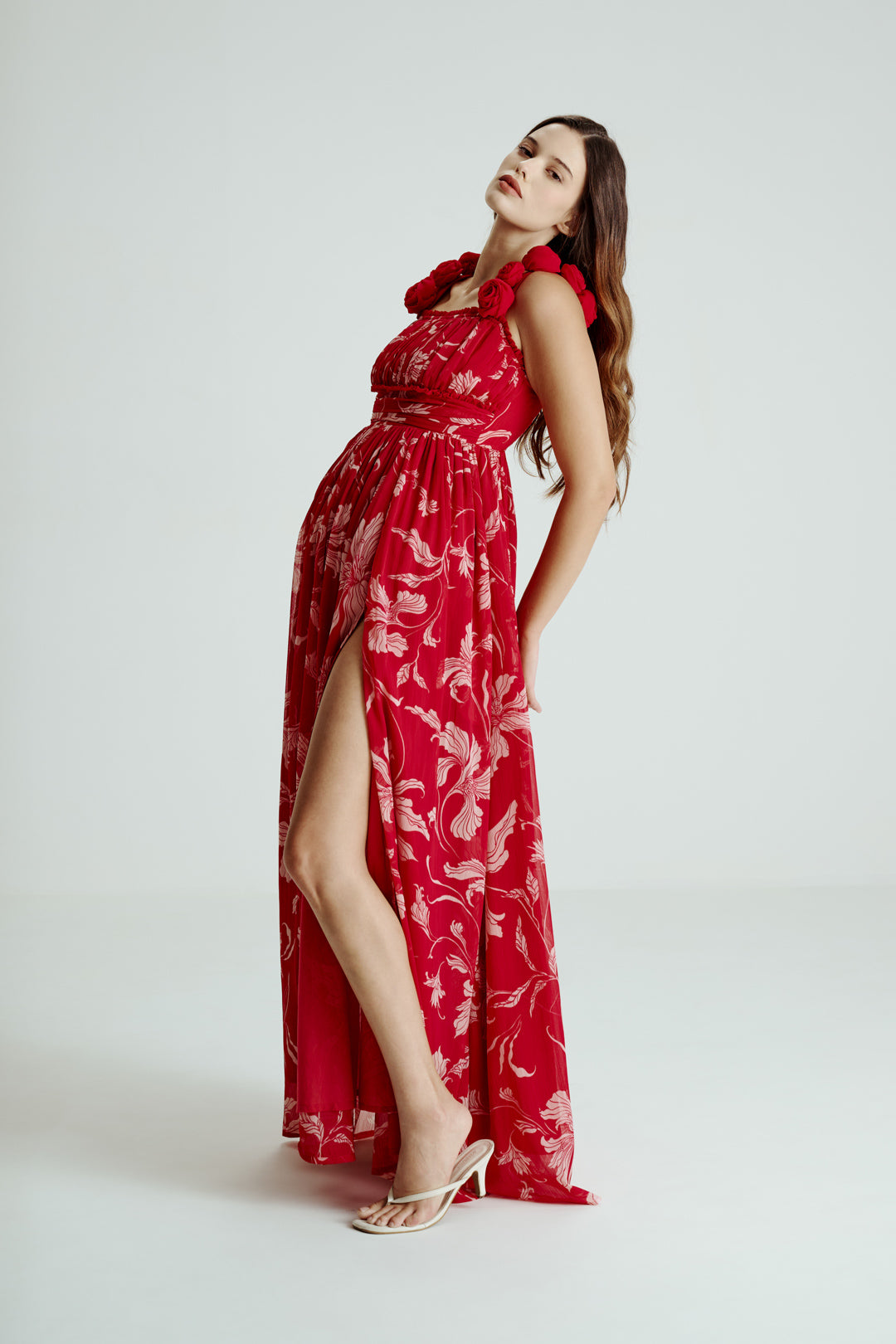 PINK FLORAL DRAPE SLIT GOWN