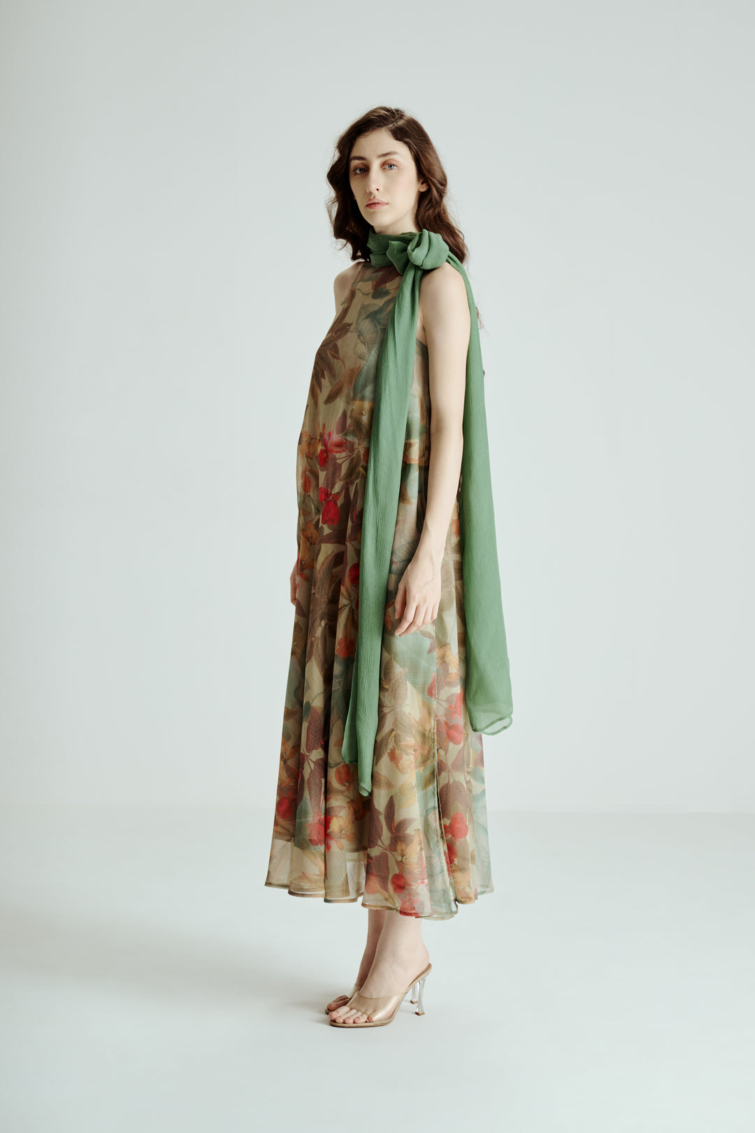 HALTER NECK BOTANICAL PRINT MIDI DRESS