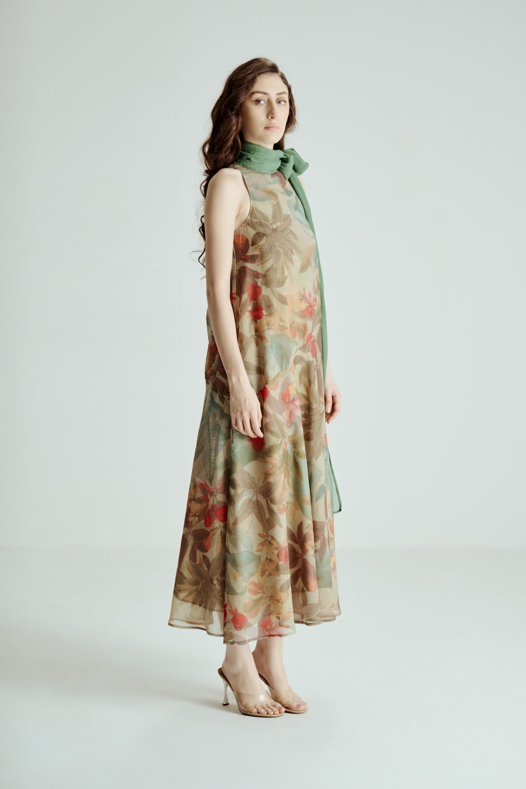 HALTER NECK BOTANICAL PRINT MIDI DRESS