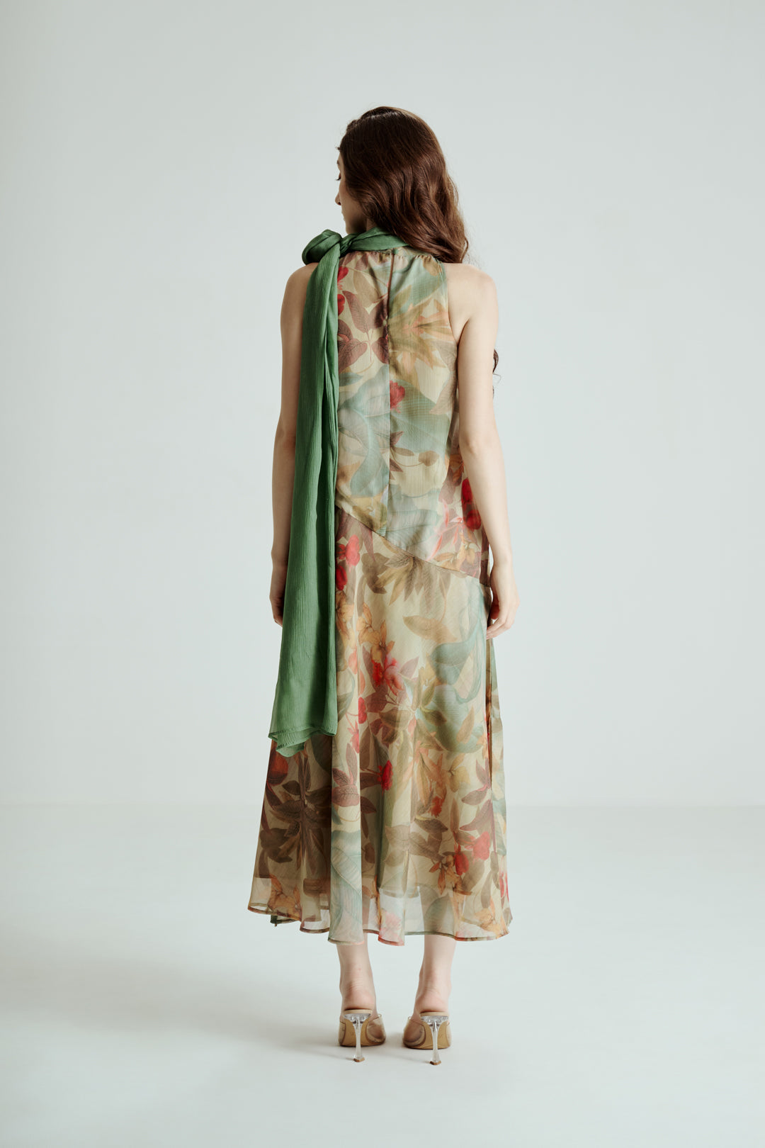 HALTER NECK BOTANICAL PRINT MIDI DRESS