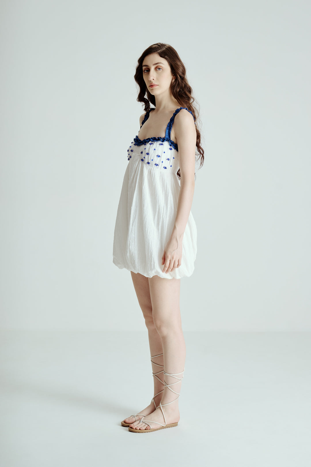 EMBELLISHED BUST MINI DRESS WITH RUFFLE STRAP