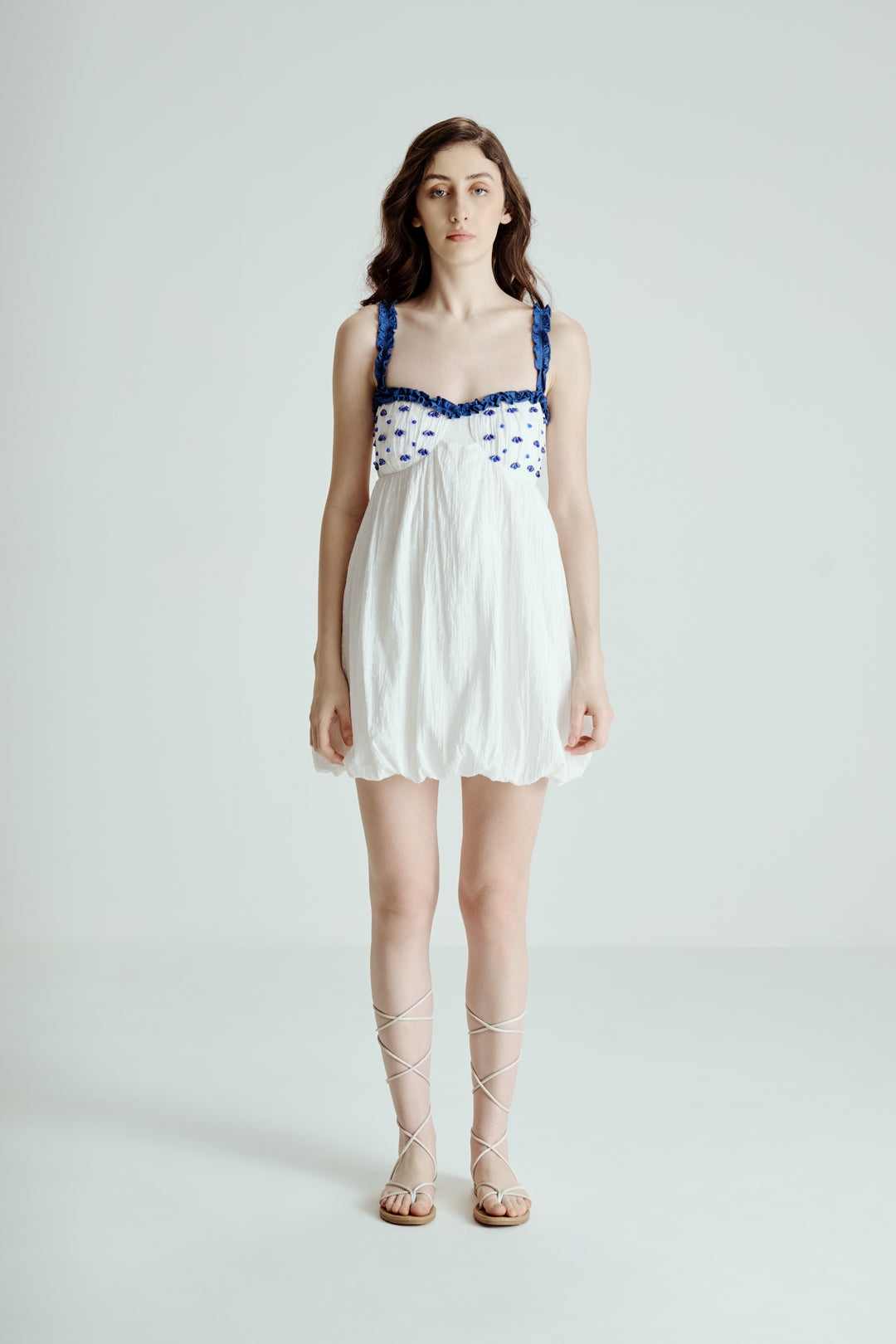 EMBELLISHED BUST MINI DRESS WITH RUFFLE STRAP