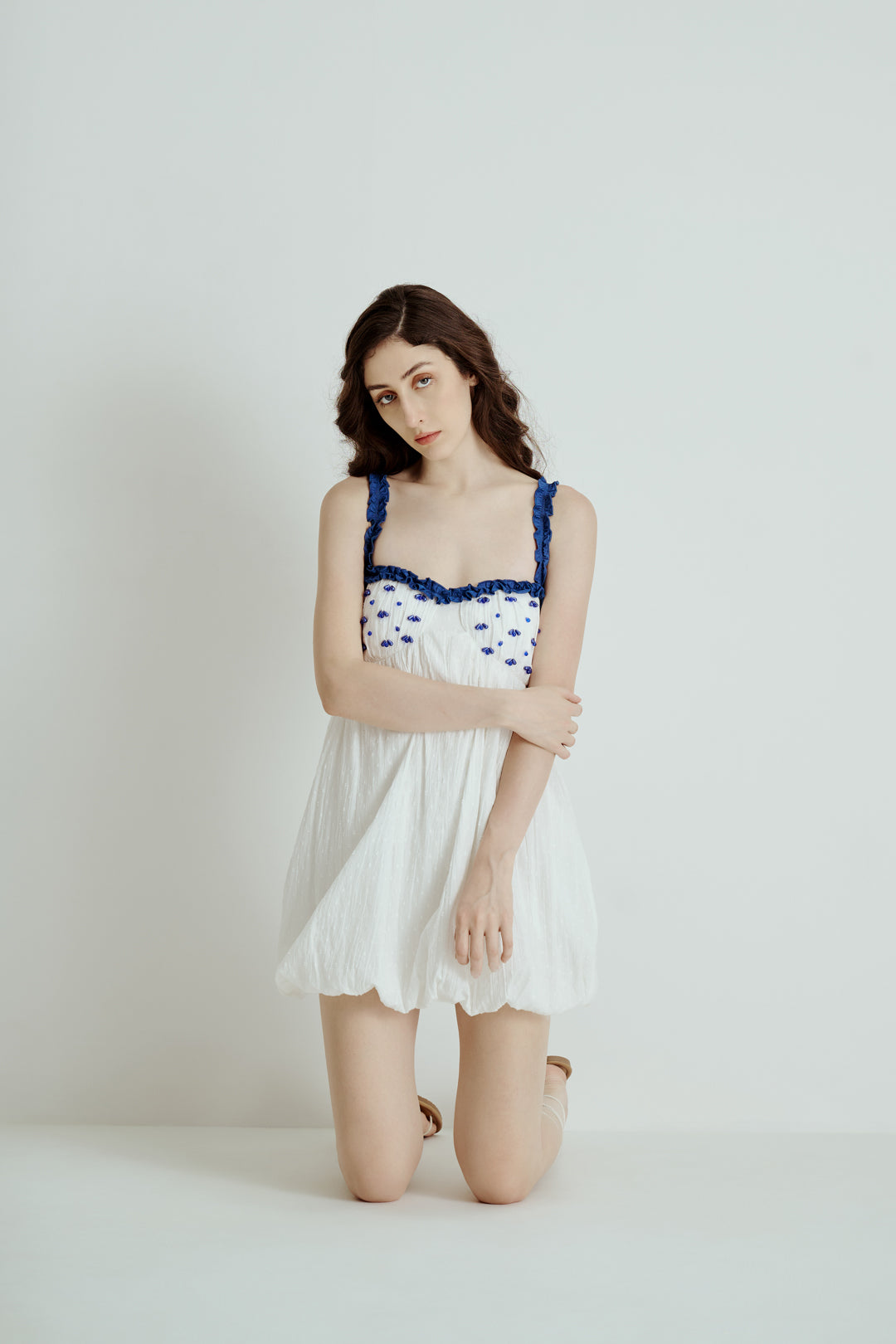 EMBELLISHED BUST MINI DRESS WITH RUFFLE STRAP