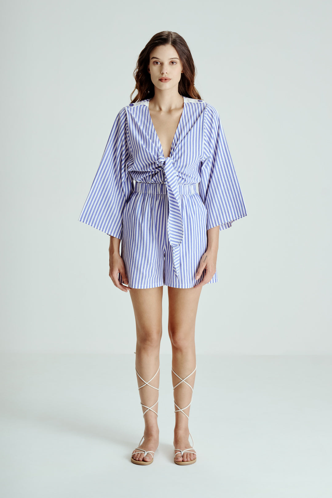 BLUE STRIPED TIE-FRONT ROMPER