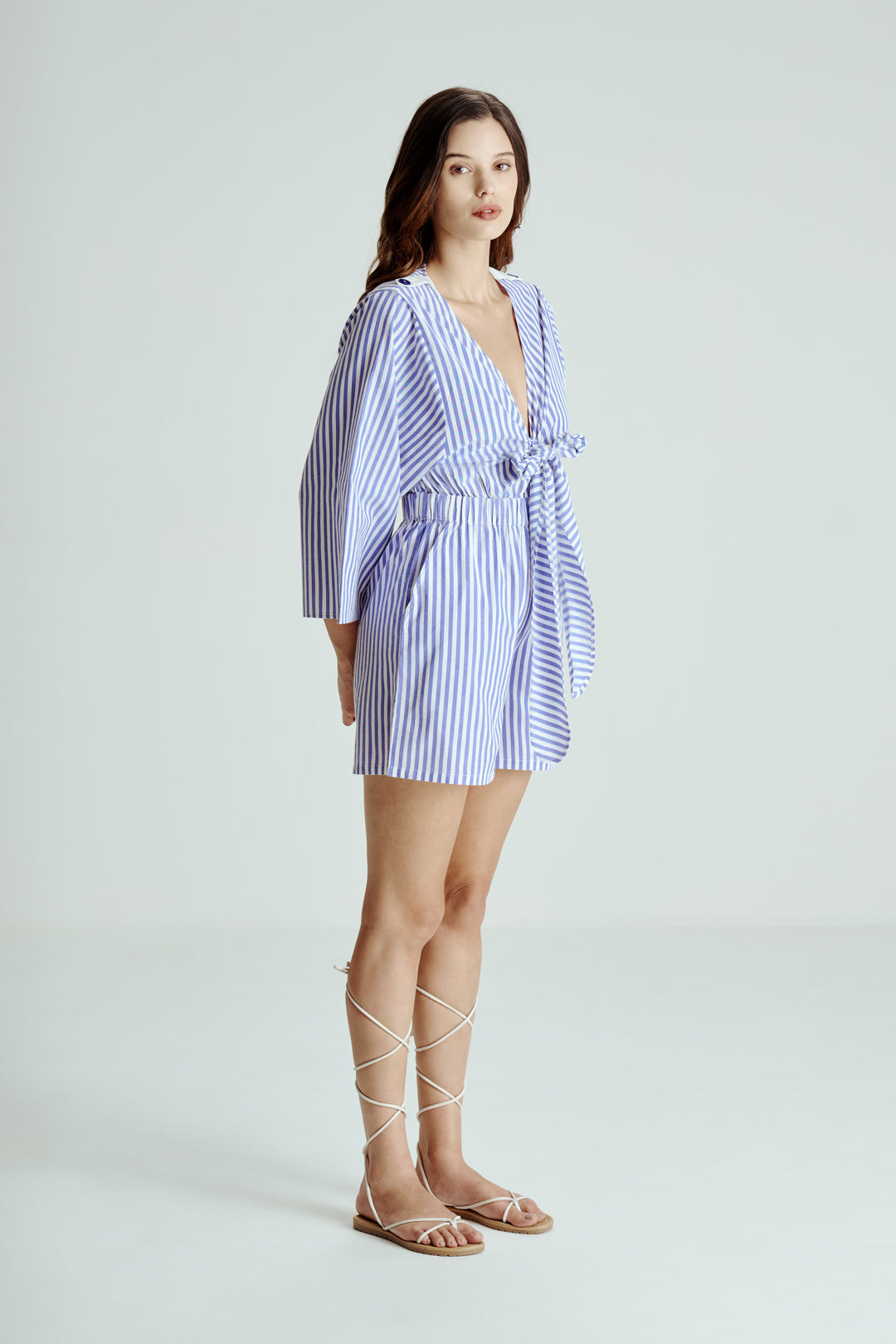 BLUE STRIPED TIE-FRONT ROMPER