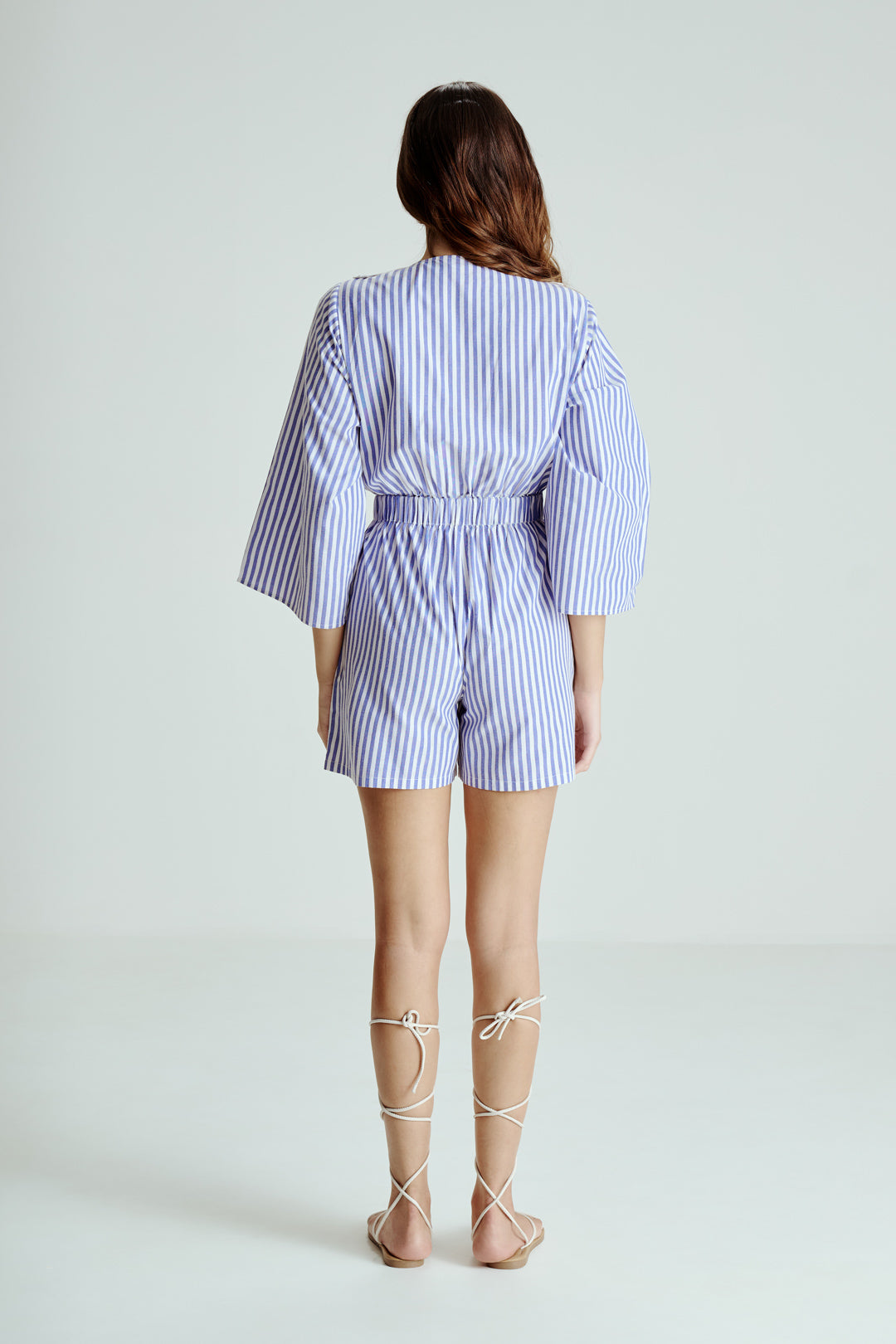 BLUE STRIPED TIE-FRONT ROMPER