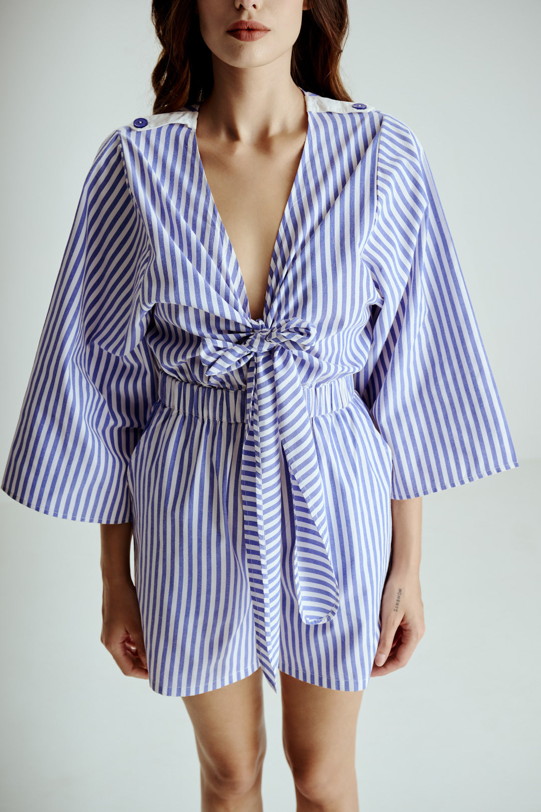 BLUE STRIPED TIE-FRONT ROMPER