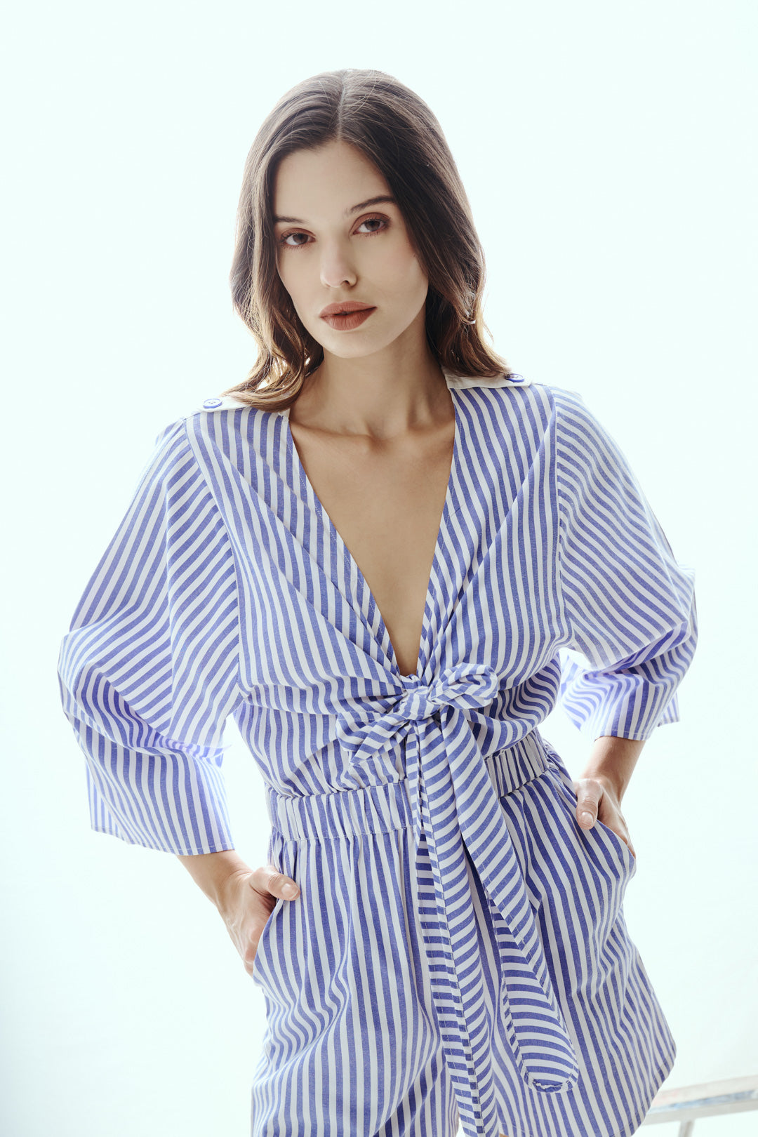BLUE STRIPED TIE-FRONT ROMPER