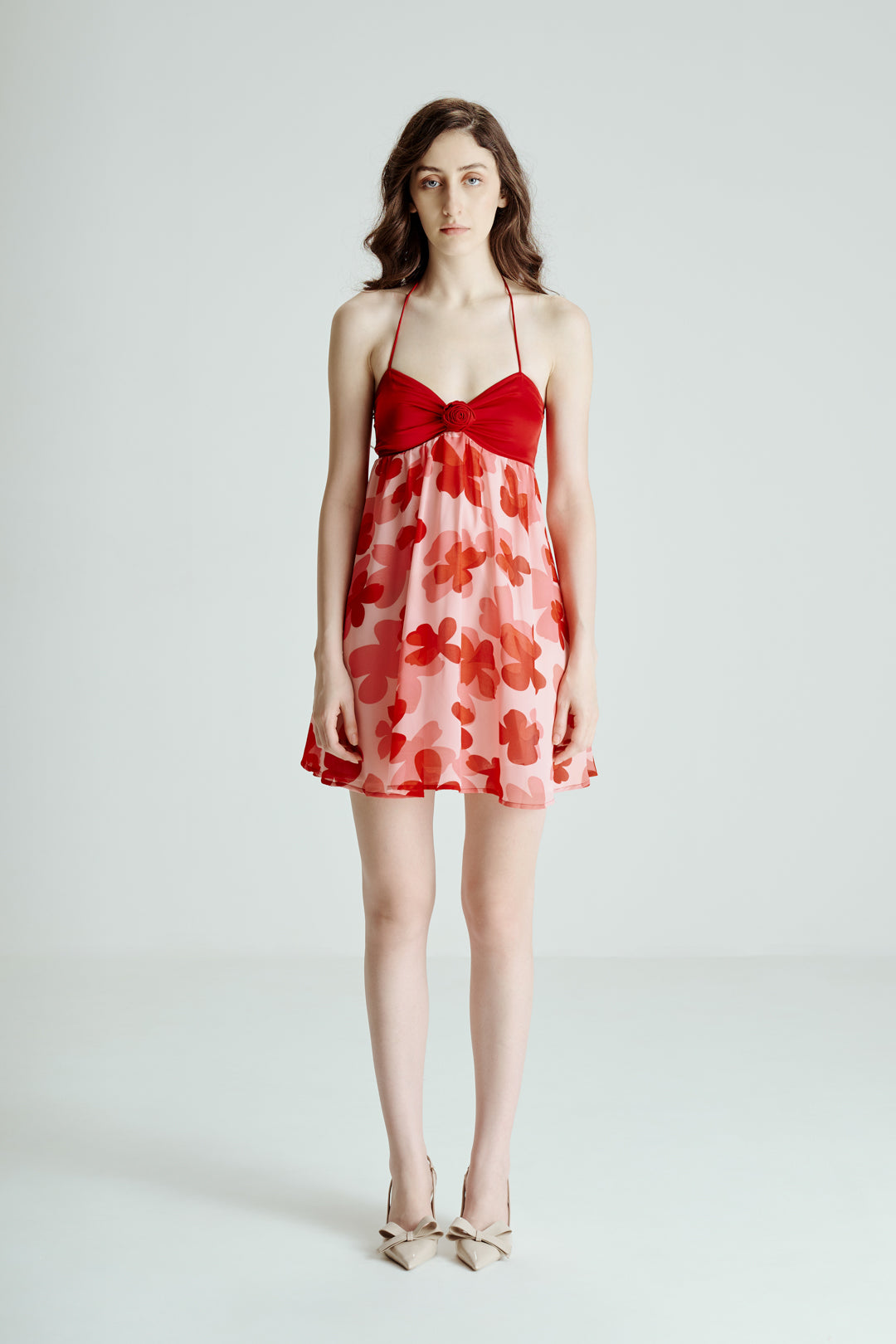 RED FLORAL HALTER MINI DRESS