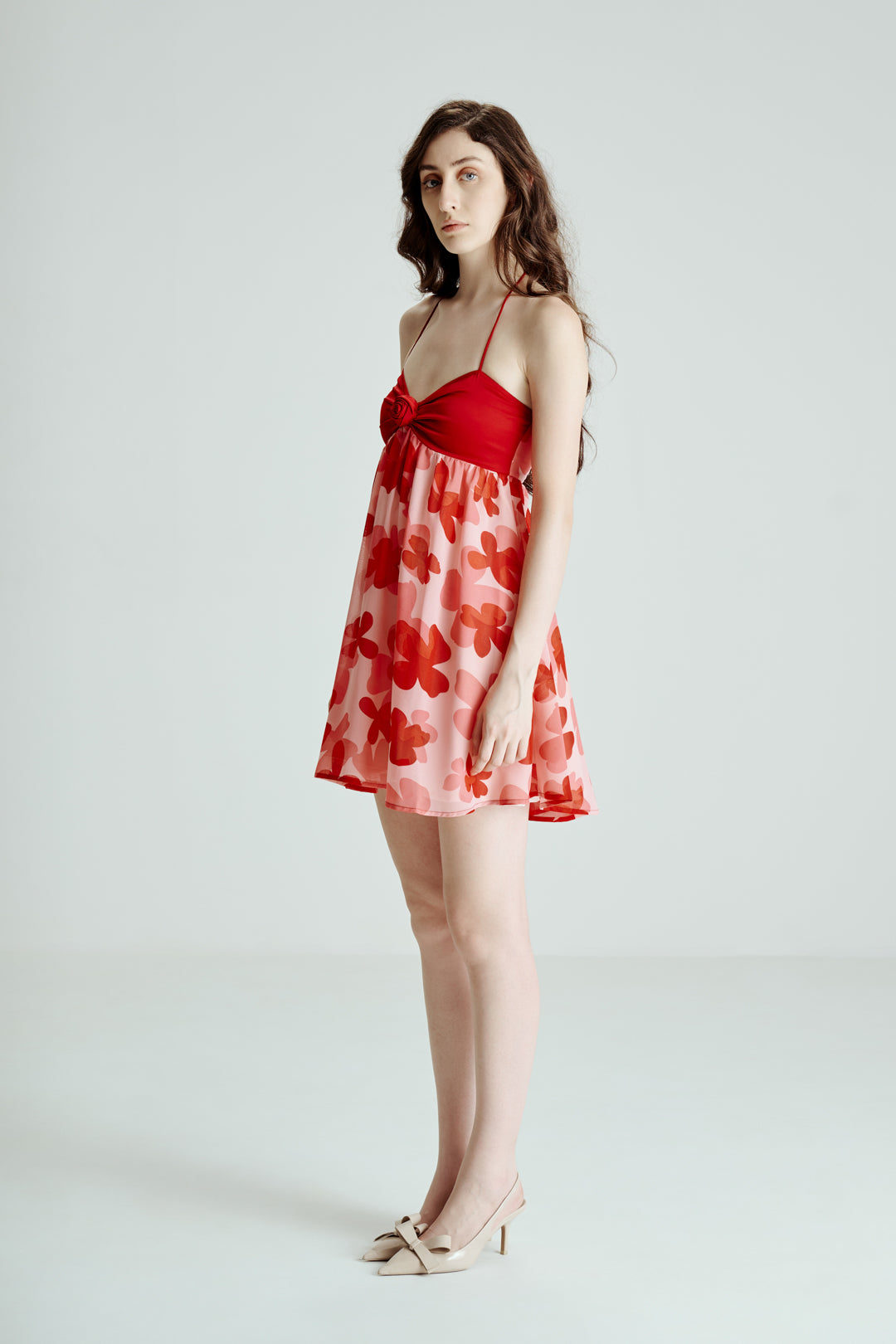 RED FLORAL HALTER MINI DRESS