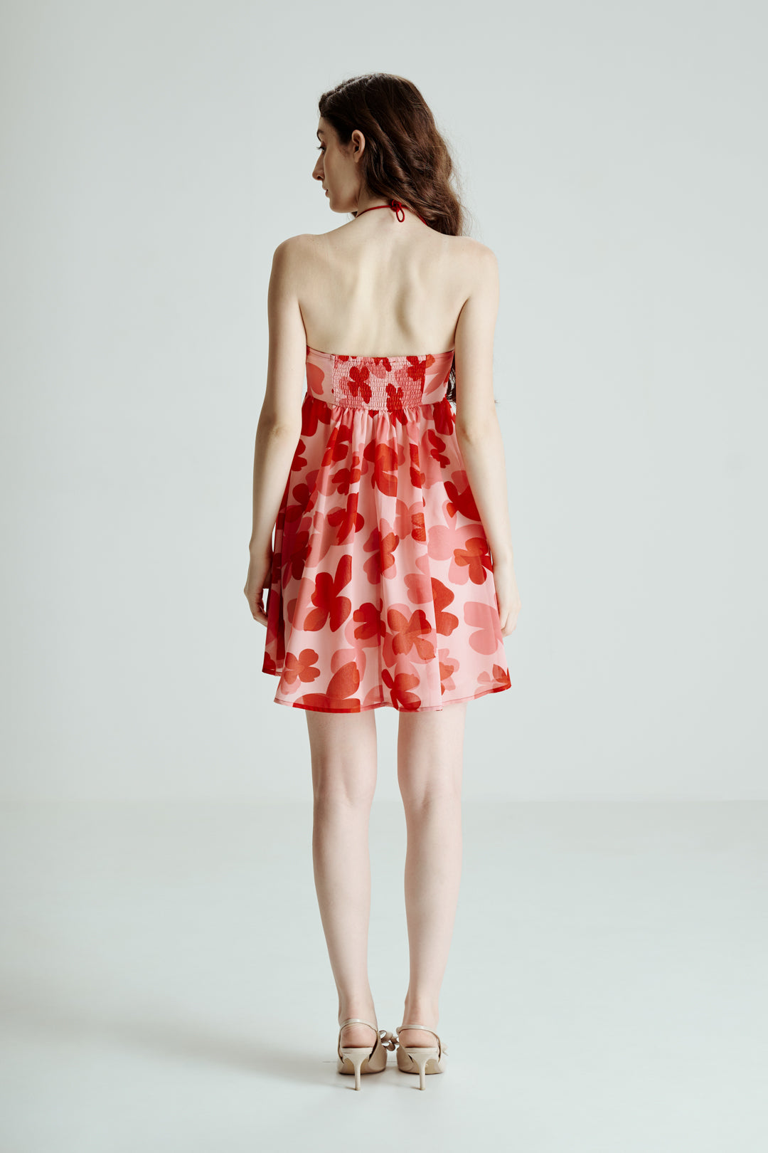 RED FLORAL HALTER MINI DRESS