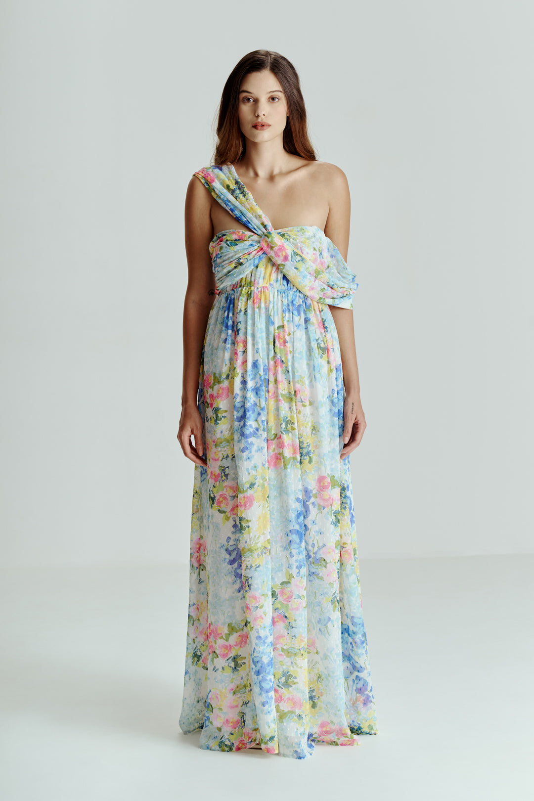 ABSTRACT FLORAL ONE SHOULDER DRAPE DRESS