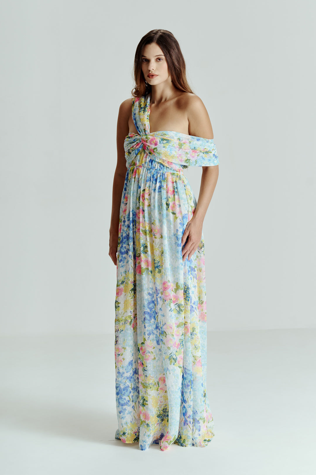 ABSTRACT FLORAL ONE SHOULDER DRAPE DRESS