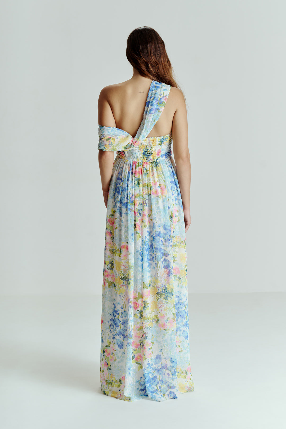 ABSTRACT FLORAL ONE SHOULDER DRAPE DRESS