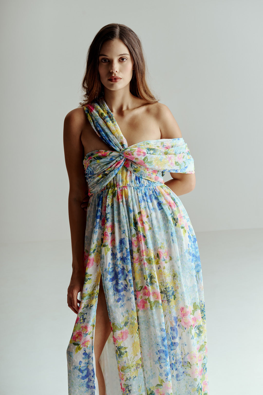 ABSTRACT FLORAL ONE SHOULDER DRAPE DRESS