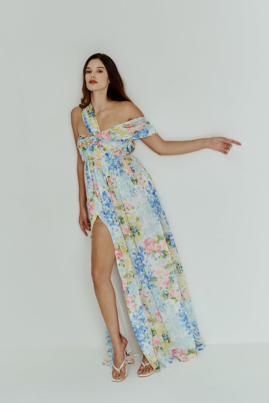 ABSTRACT FLORAL ONE SHOULDER DRAPE DRESS