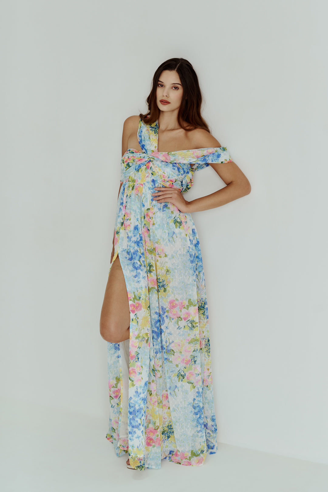 ABSTRACT FLORAL ONE SHOULDER DRAPE DRESS