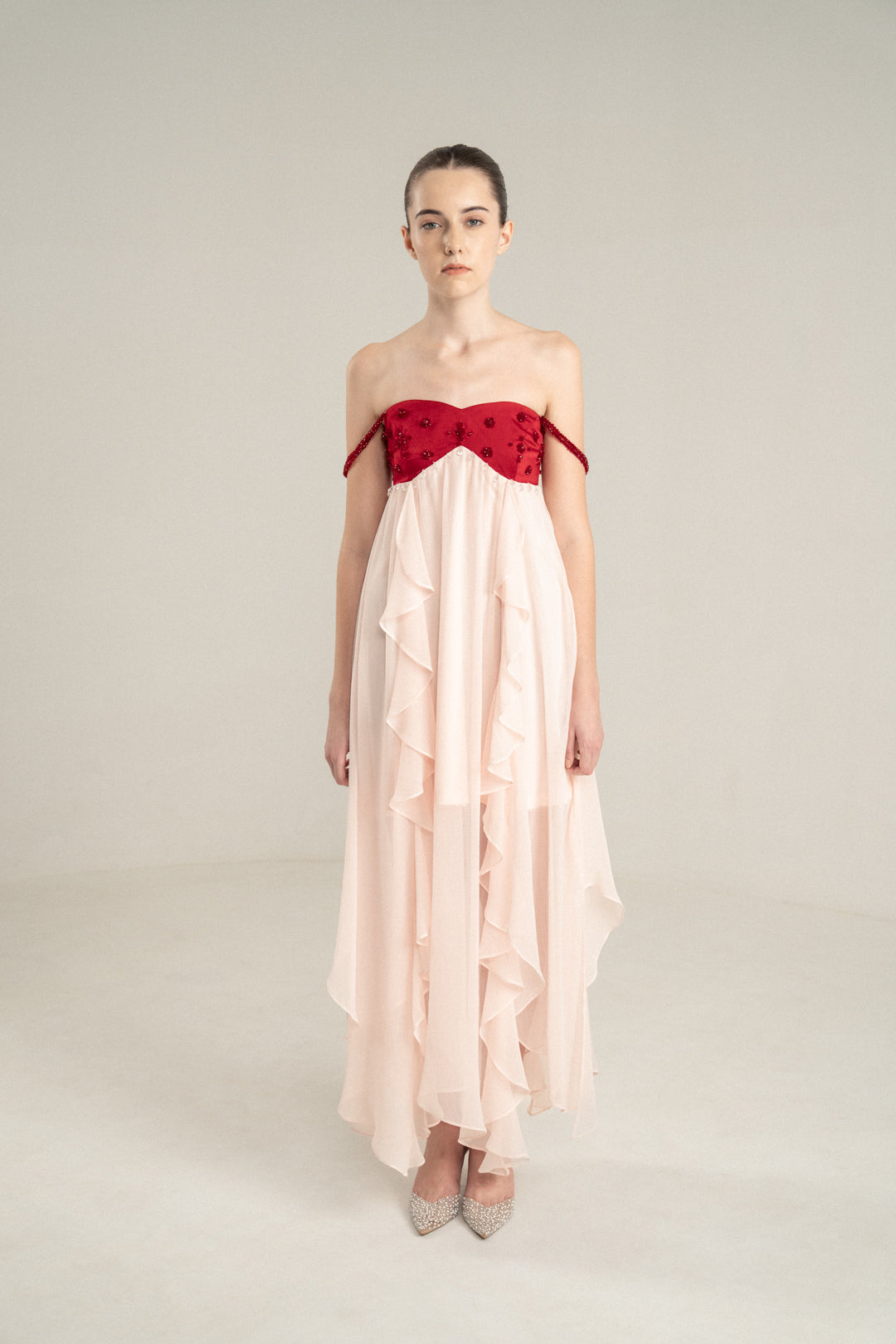 PINK FLOWING MIDI DRESS WITH RED EMBELLISHED BUSTIER