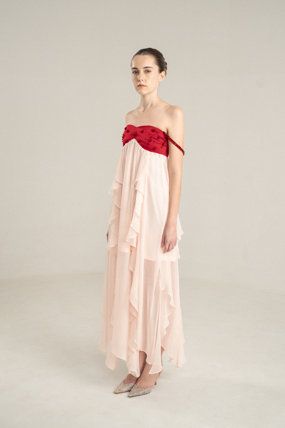 PINK FLOWING MIDI DRESS WITH RED EMBELLISHED BUSTIER