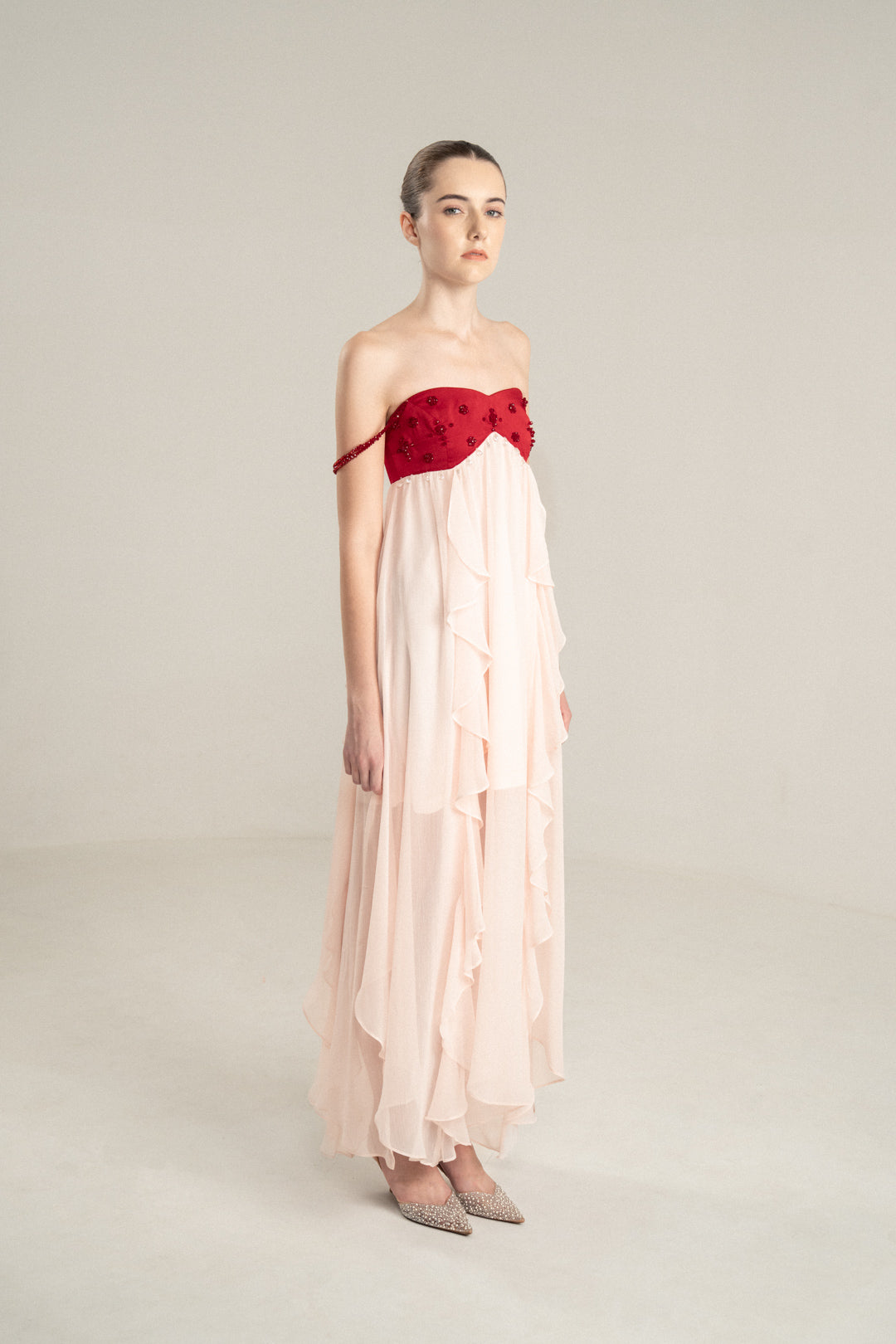 PINK FLOWING MIDI DRESS WITH RED EMBELLISHED BUSTIER