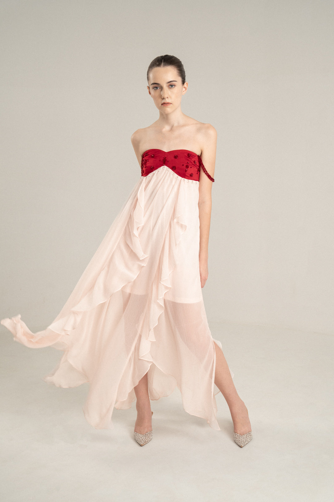 PINK FLOWING MIDI DRESS WITH RED EMBELLISHED BUSTIER