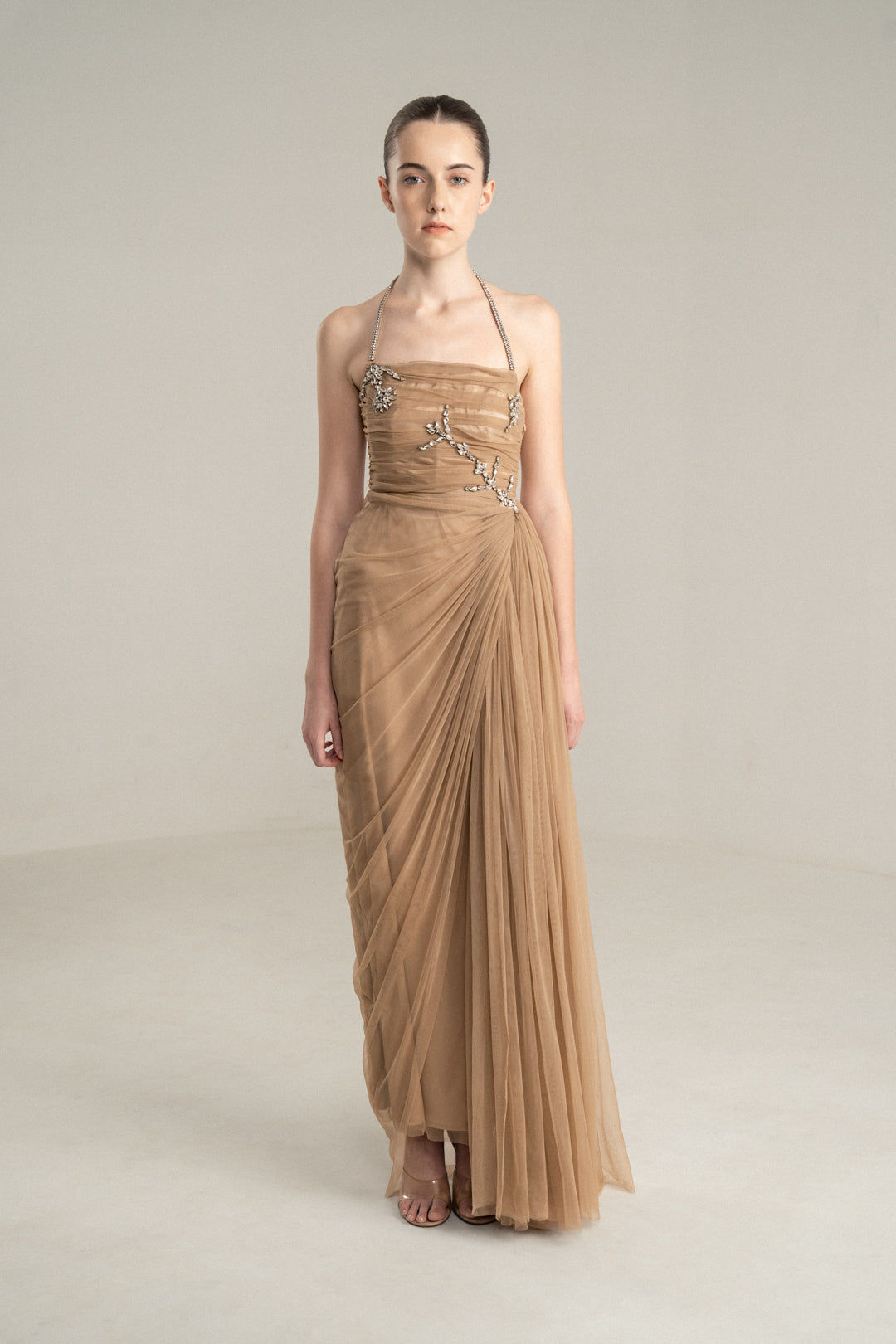 BEIGE DRAPED GOWN WITH RHINESTONE EMBELLISHMENTS