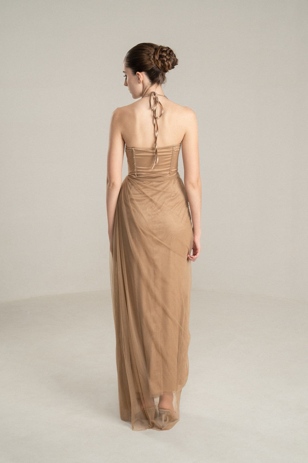 BEIGE DRAPED GOWN WITH RHINESTONE EMBELLISHMENTS