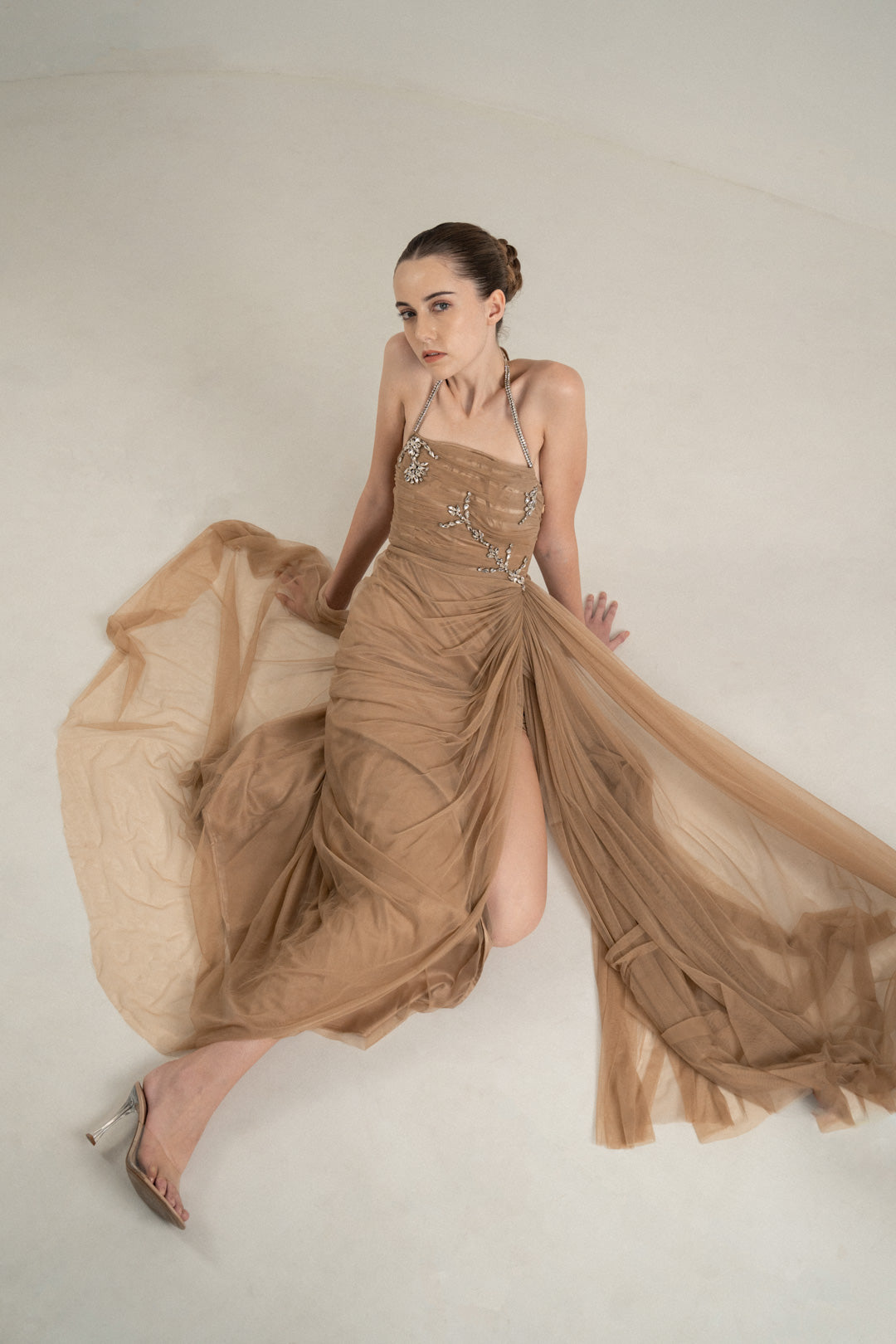 BEIGE DRAPED GOWN WITH RHINESTONE EMBELLISHMENTS