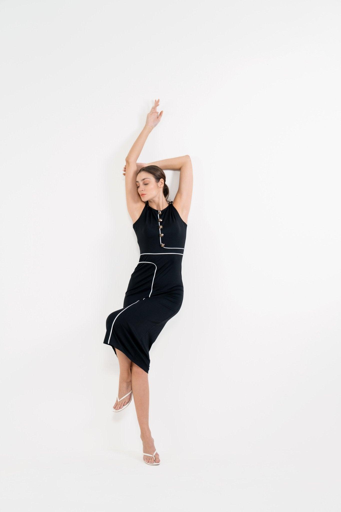 BLACK BODYCON DRESS WITH WHITE STYLELINE DETAIL - Sotbella