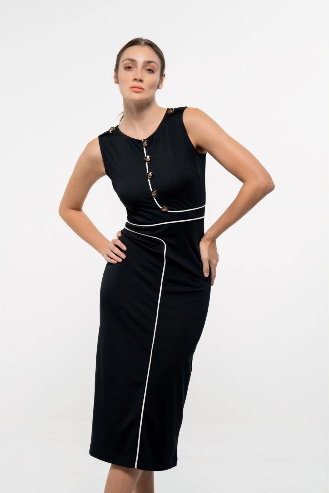 BLACK BODYCON DRESS WITH WHITE STYLELINE DETAIL - Sotbella