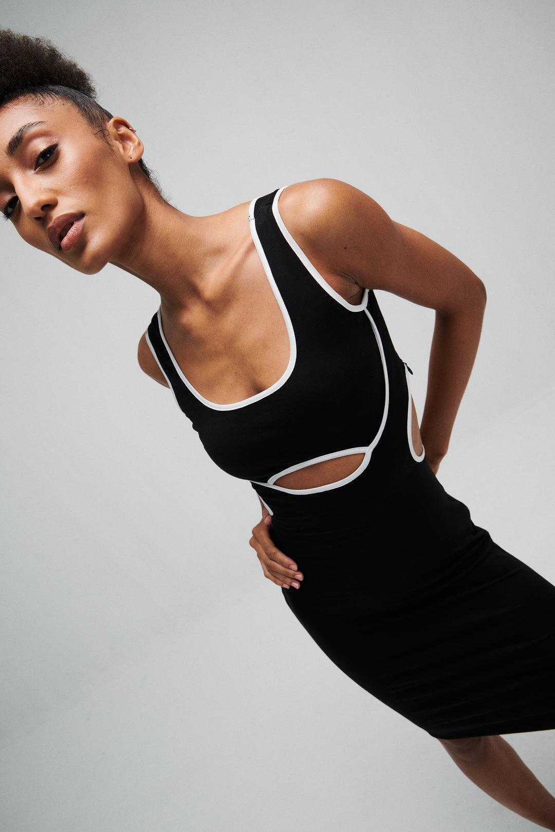 Black Cut Out Dress With Pipping - Sotbella
