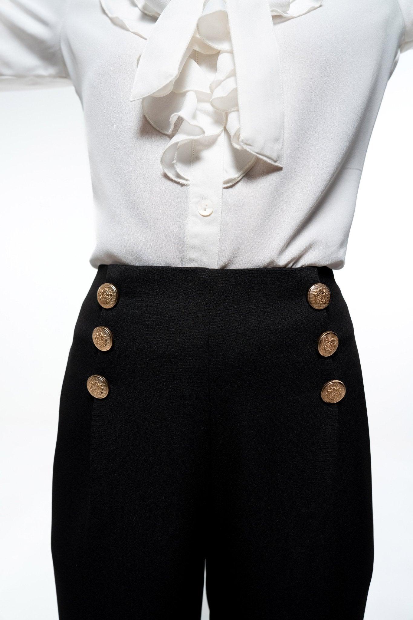 BLACK FORMAL WIDE LEG TROUSER WITH BUTTON DETAIL - Sotbella