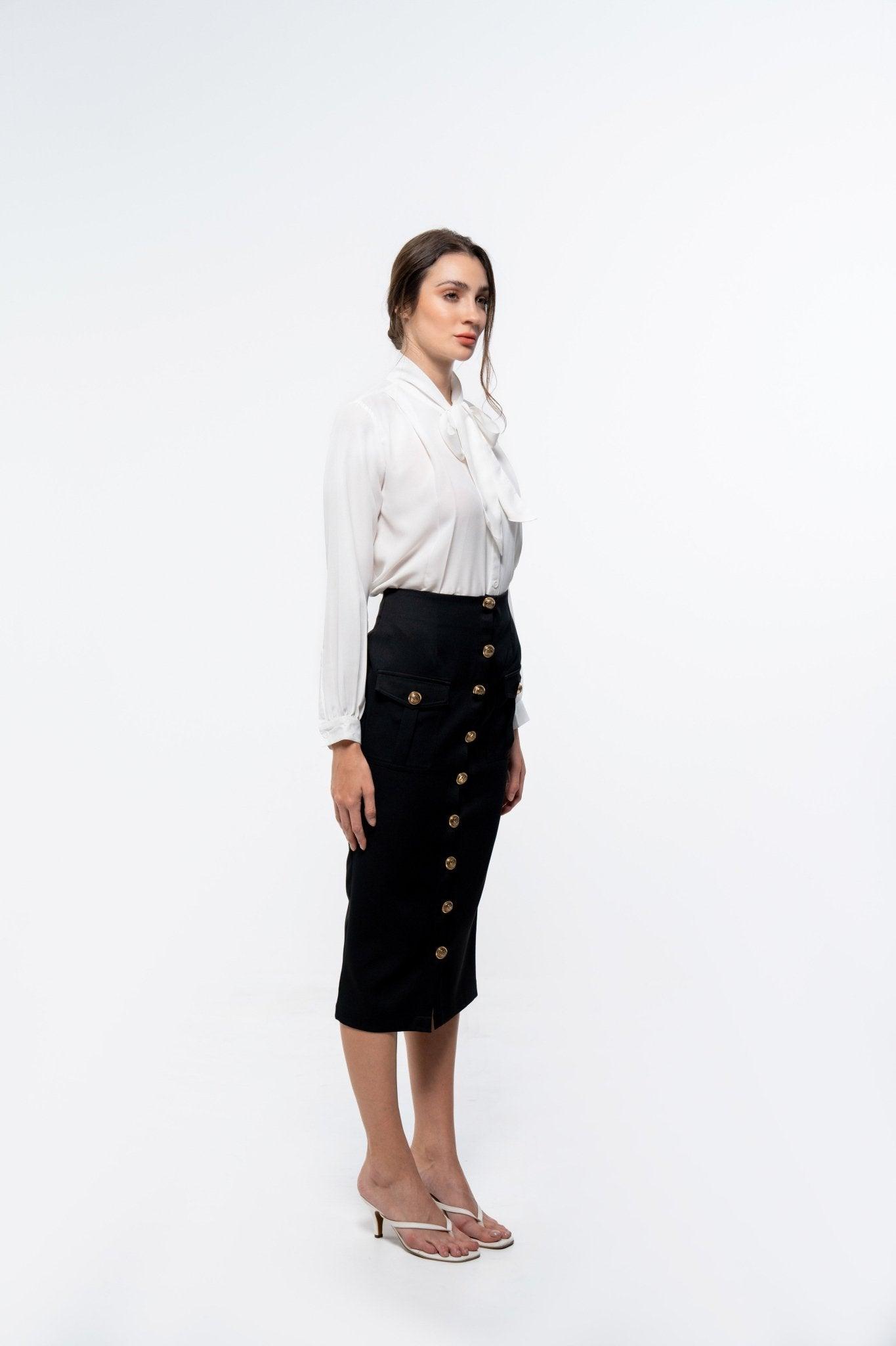 BLACK KNEE LENGTH PENCIL SKIRT WITH POCKETS - Sotbella