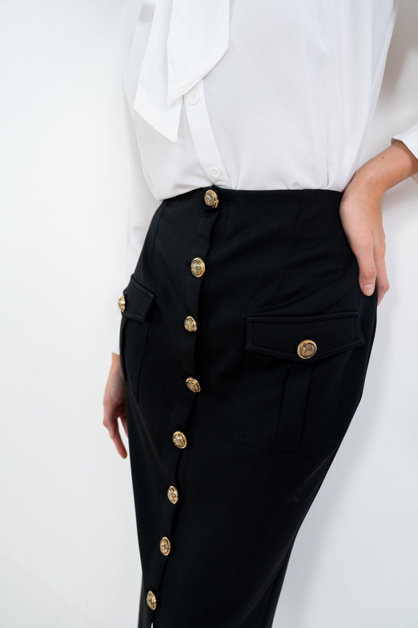BLACK KNEE LENGTH PENCIL SKIRT WITH POCKETS - Sotbella