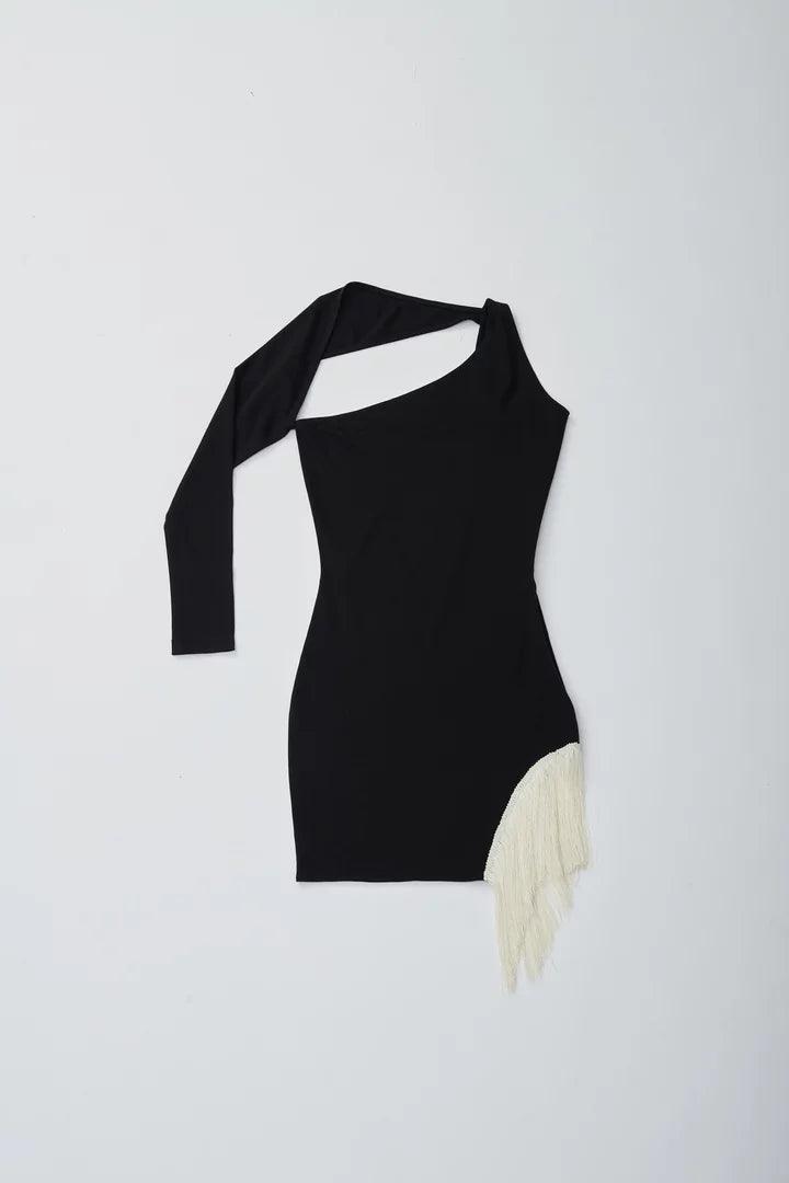 Black One Shoulder Mini Dress With Tassels - Sotbella
