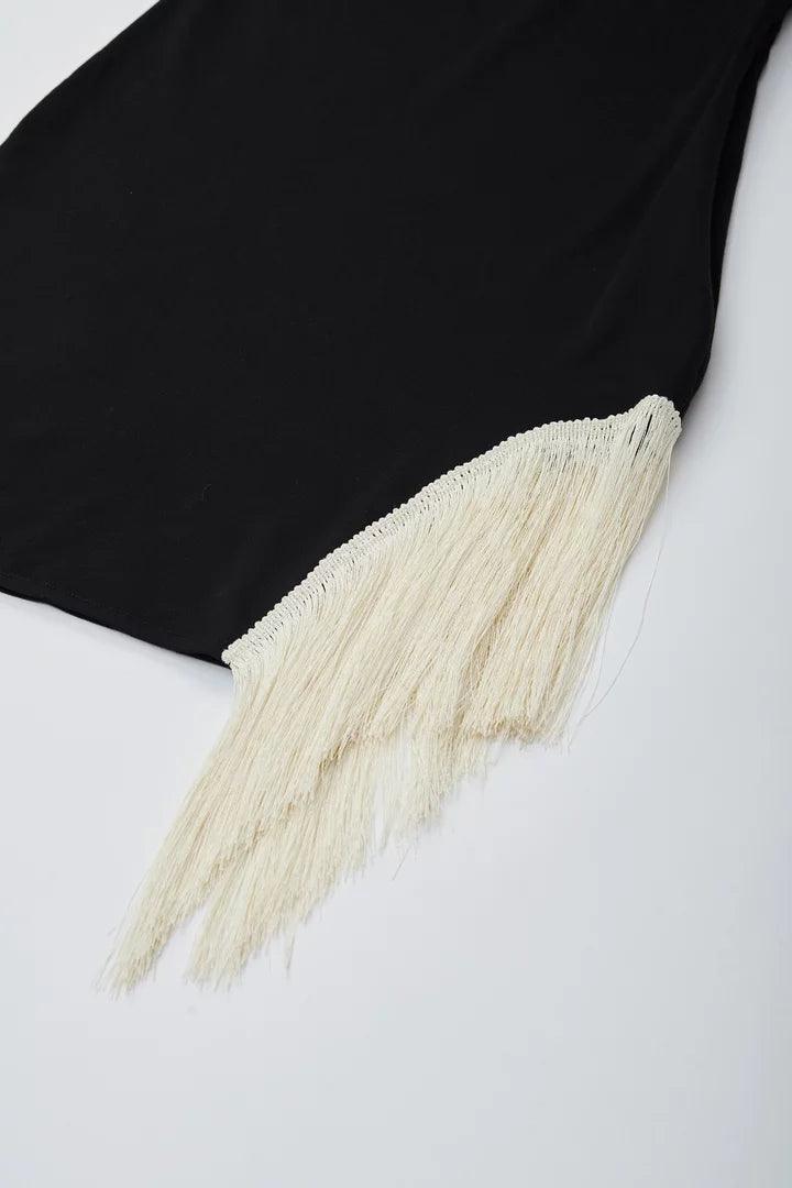 Black One Shoulder Mini Dress With Tassels - Sotbella