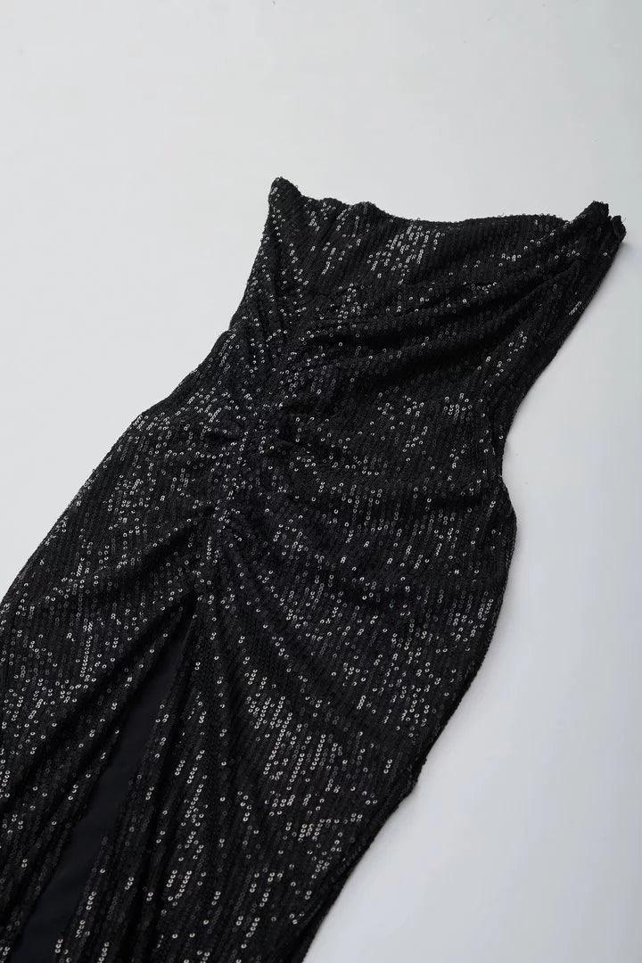 Black Sequin Off Shoulder Party Dress - Sotbella