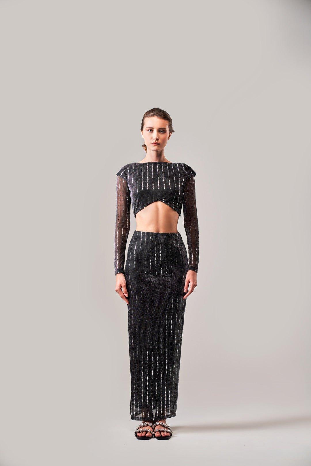 BLACK SHIMMER TULLE TOP AND SKIRT CO-ORD SET - Sotbella