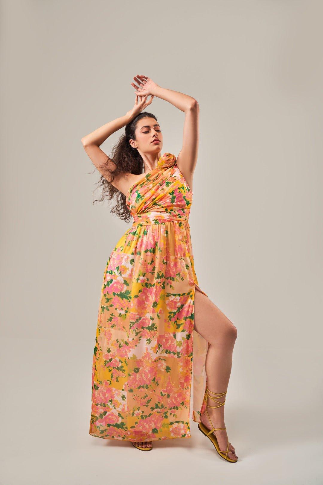 BLOOMINGDALE ROSE DETAIL ONE SHOULDER MAXI DRESS - Sotbella