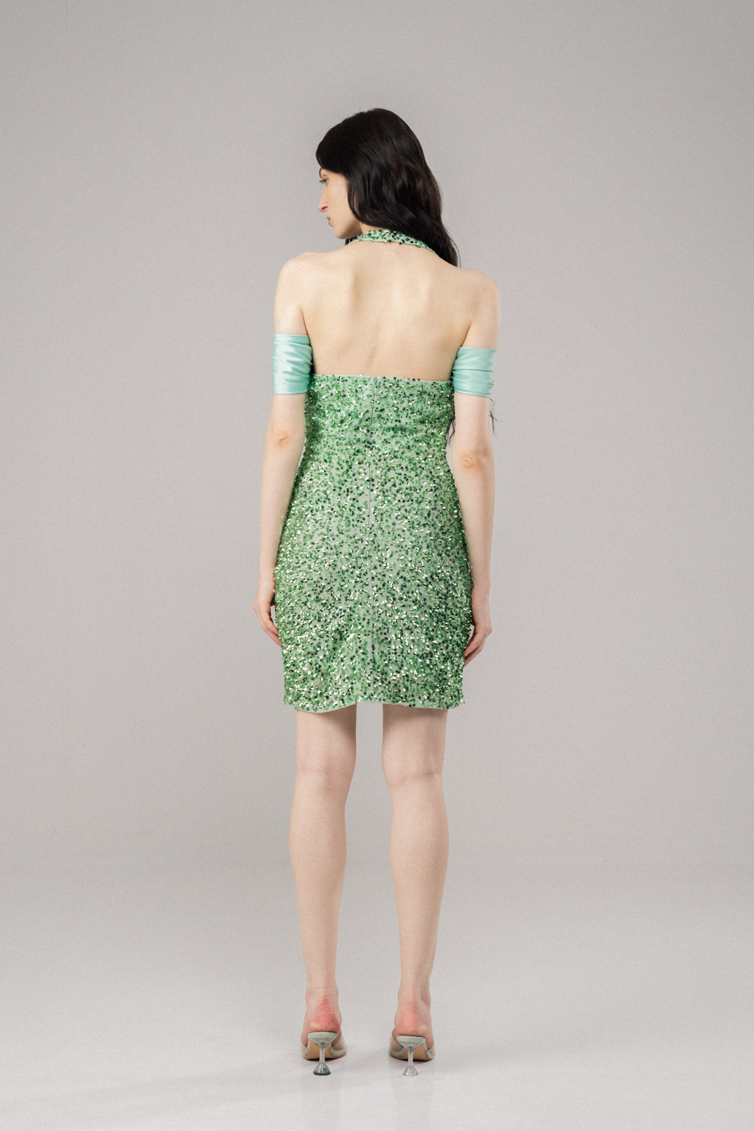 GREEN SEQUIN COLD-SHOULDER MINI DRESS